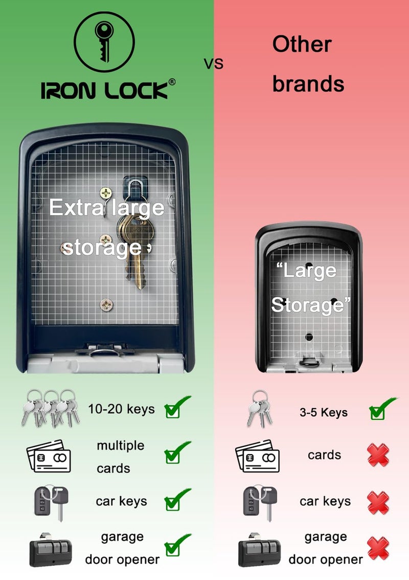 Iron Lock صندوق قفل المفاتيح Iron LockÂ® XXL للتثبيت على الحائط - صندوق مفاتيح خارجي مقاوم للماء مع هيكل معدني قوي و 4 أرقام - صندوق قفل للمفاتيح خارج المنزل، للإيجارات ووكلاء العقارات (رمادي، XXL) - Image 2